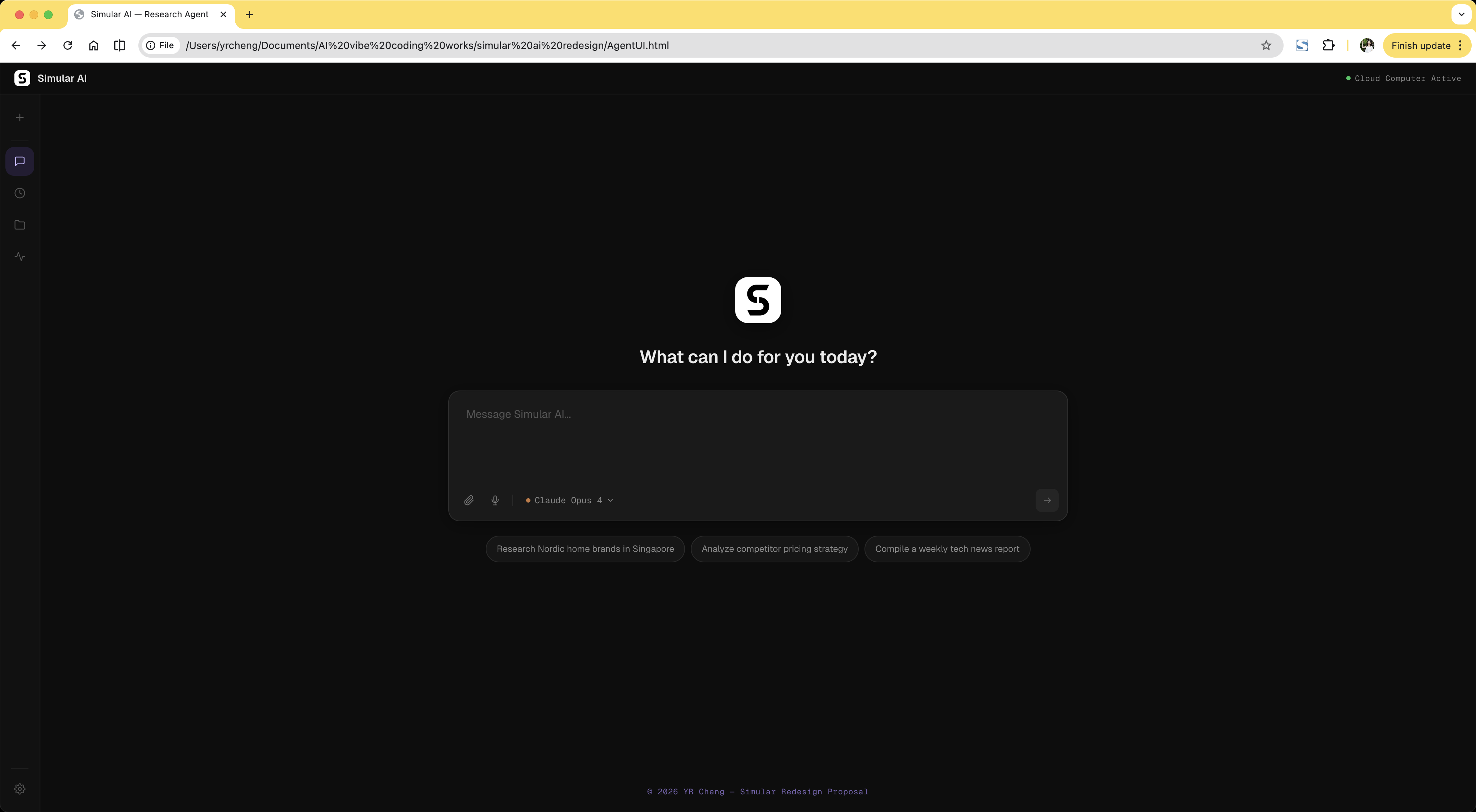 Redesign: chat-first homepage — clean centered input with suggestion chips