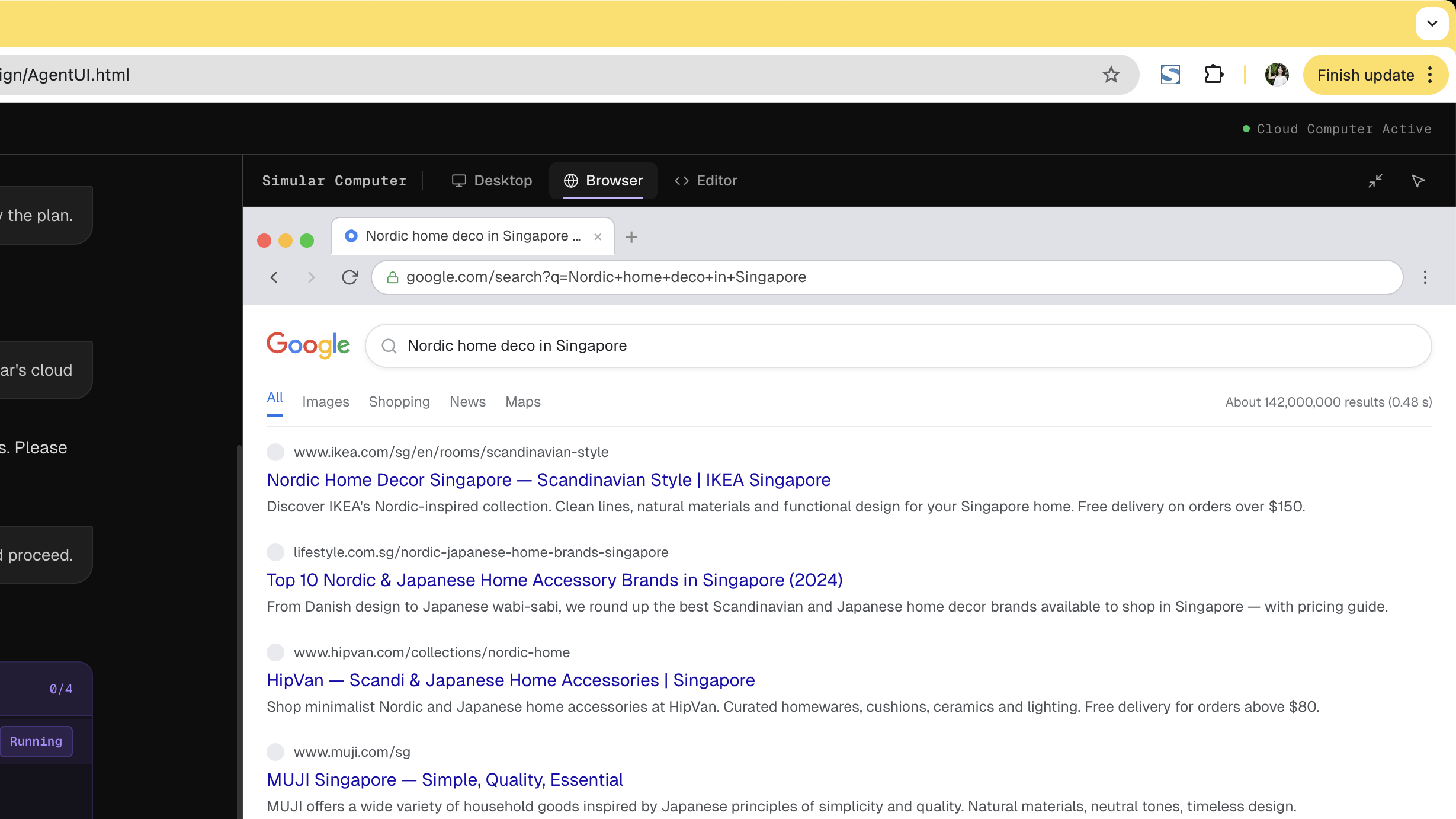 Browser tab: three workspace tabs with agent searching in real time