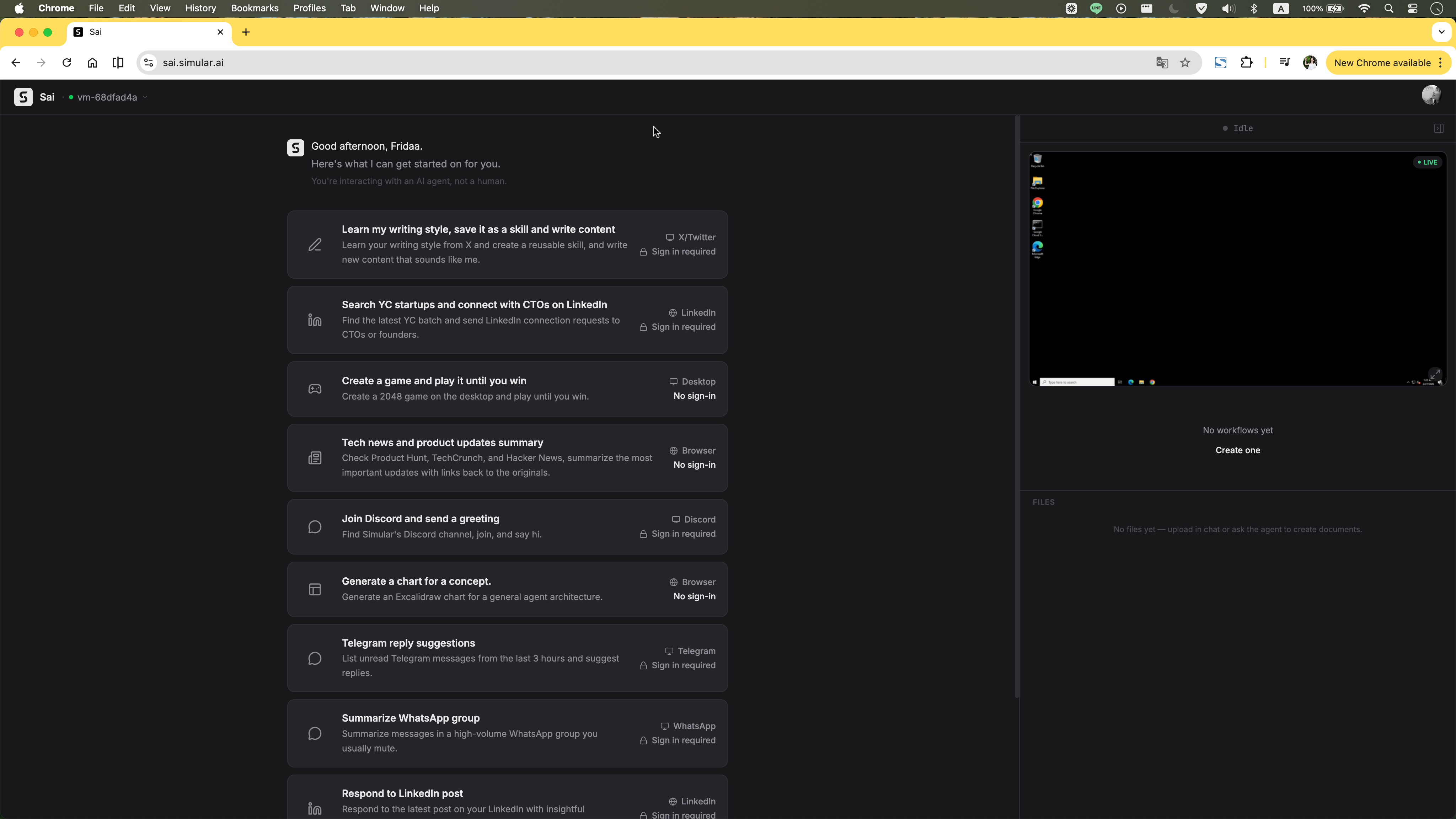 SAI home screen with suggested tasks and VM panel